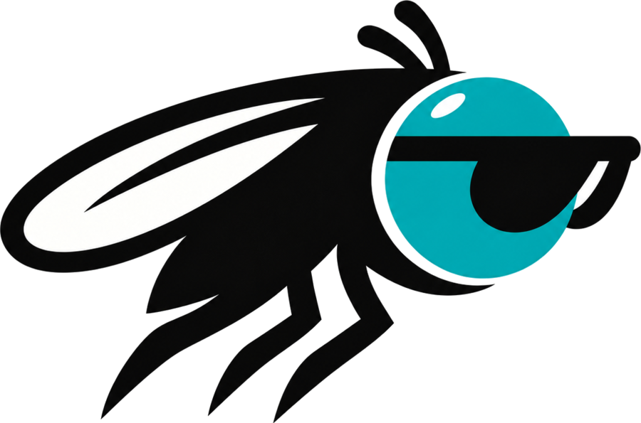 Stylized black fruit fly wearing teal sunglasses